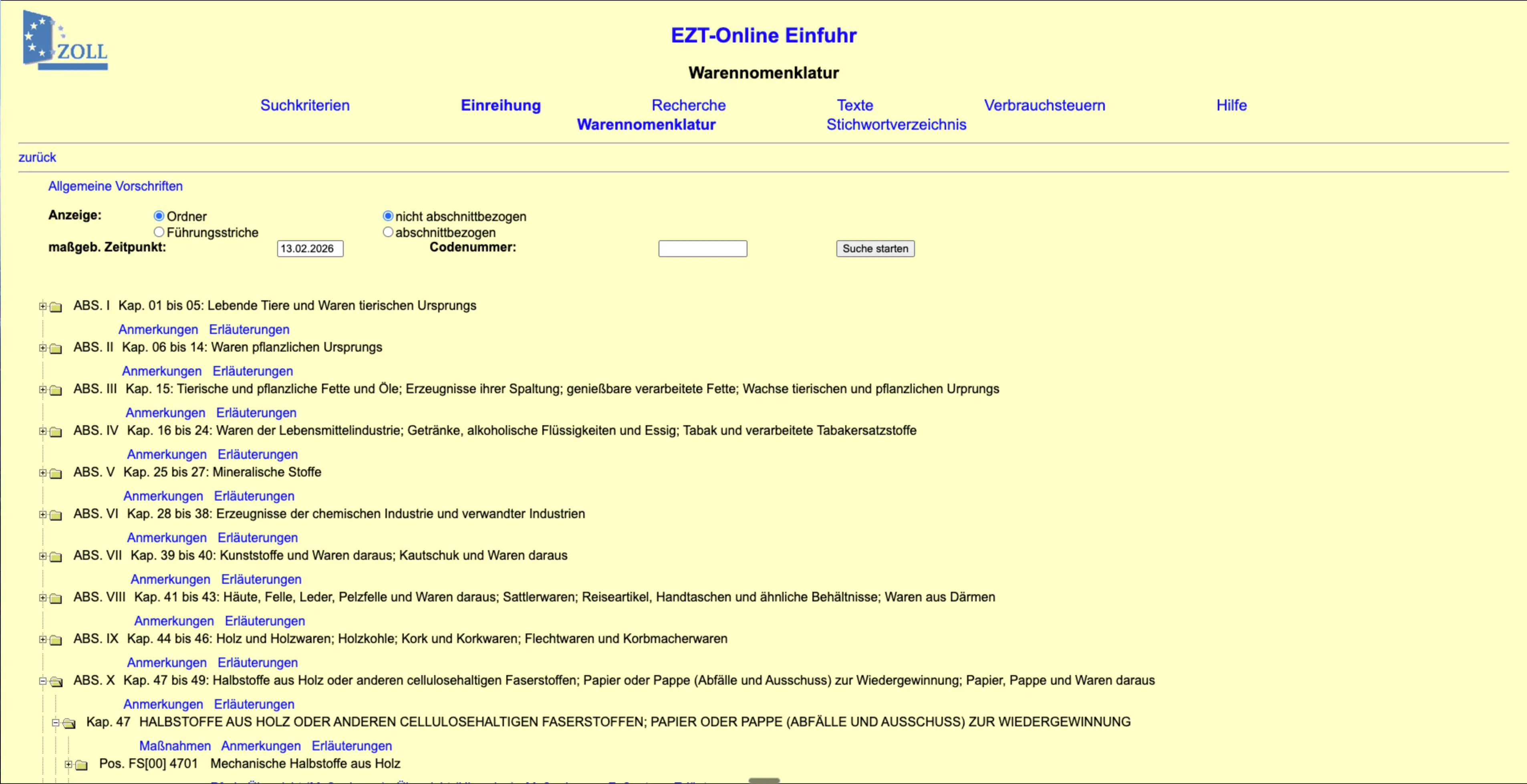 Baumnavigation im EZT-Online: Nomenklatur-Hierarchie von Abschnitt bis Unterposition