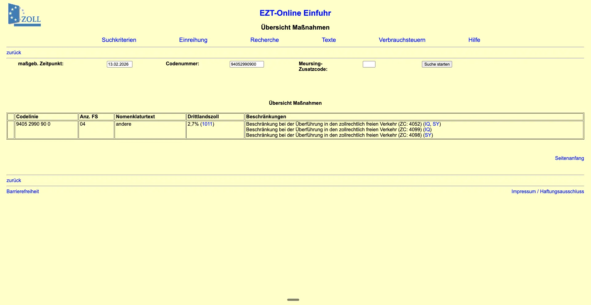 Maßnahmenübersicht im EZT-Online mit Zollsätzen und Genehmigungspflichten