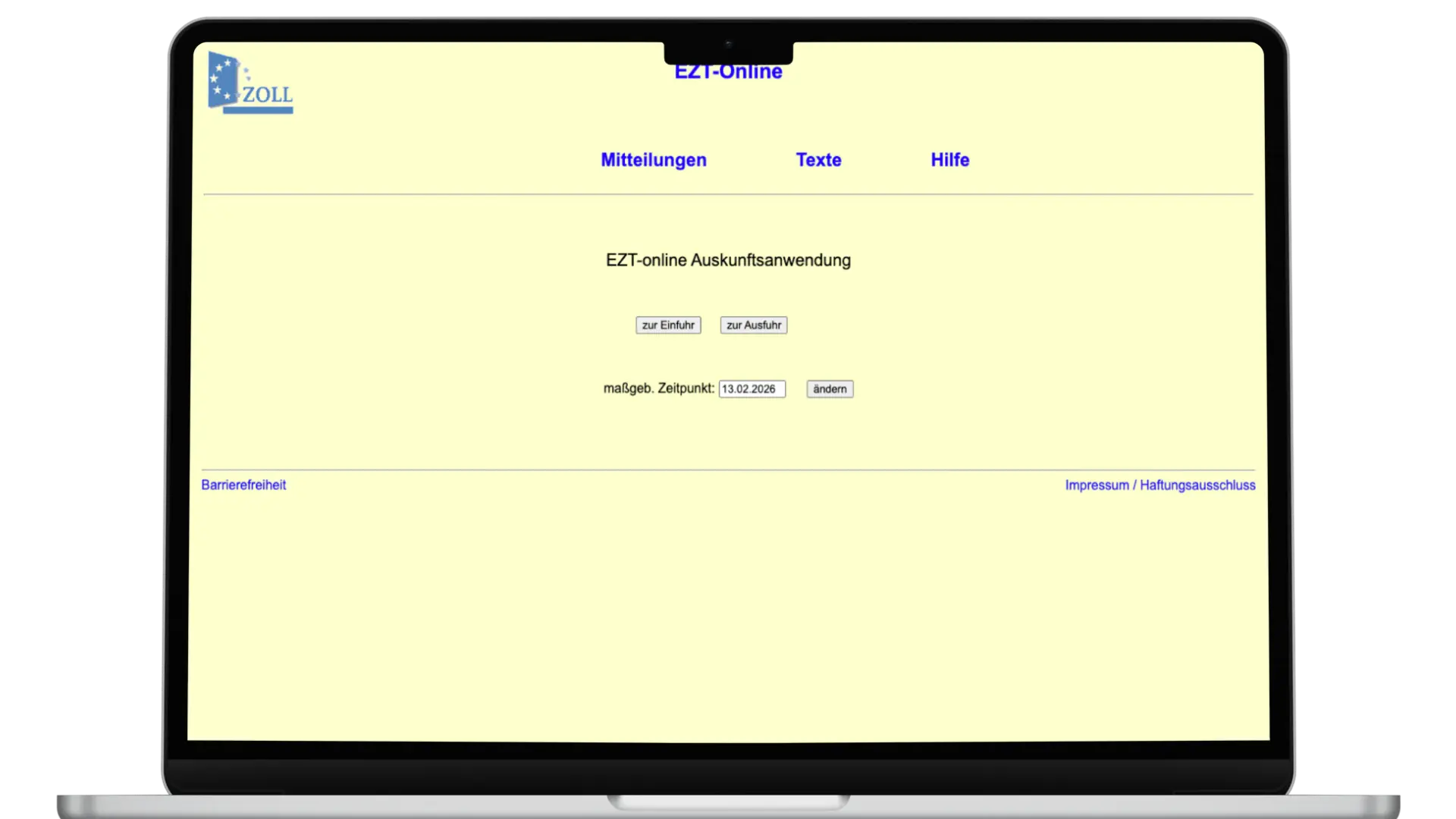 Startseite der EZT-Online Auskunftsanwendung der deutschen Zollverwaltung