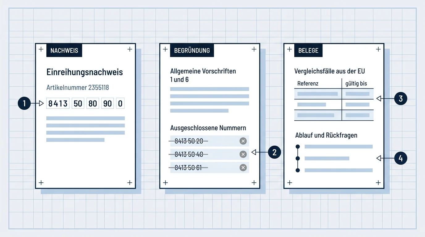 PDF-Nachweis auf drei Seiten: Zolltarifnummer mit Artikelnummer, Begründung nach den Allgemeinen Vorschriften 1 und 6 mit ausgeschlossenen Nummern, Vergleichsfälle aus der EU mit Gültigkeit sowie Ablauf und Rückfragen.