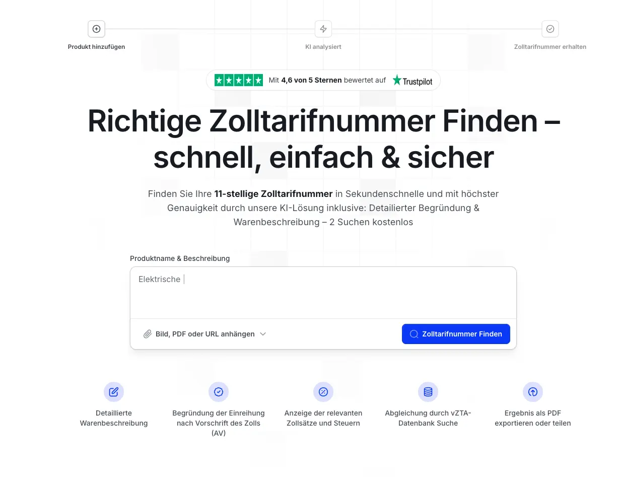 Zolltarifnummer.com Plattform - KI-gestützte Klassifizierung mit Trustpilot-Badge, Suchfeld und Features