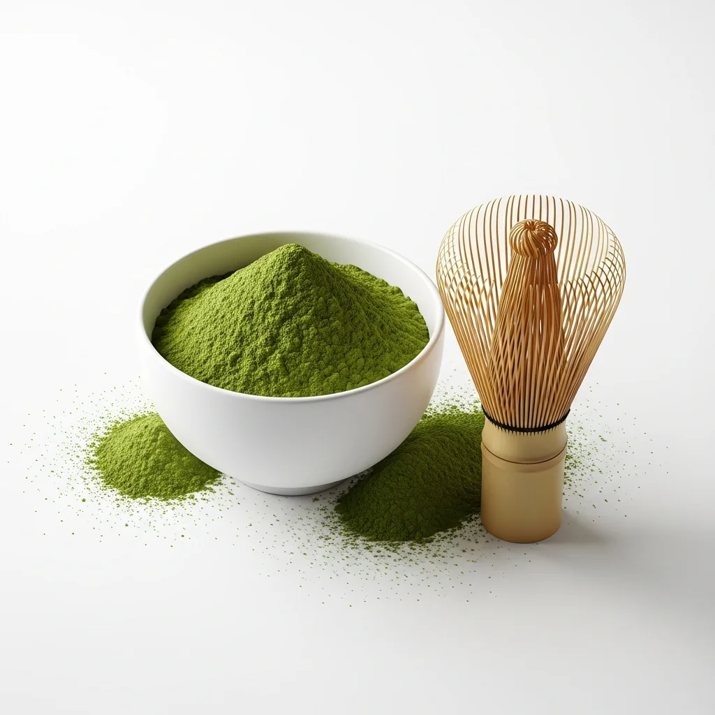 Matcha-Pulver in Keramikschale mit Bambusbesen – Zolltarifnummer 09021000000